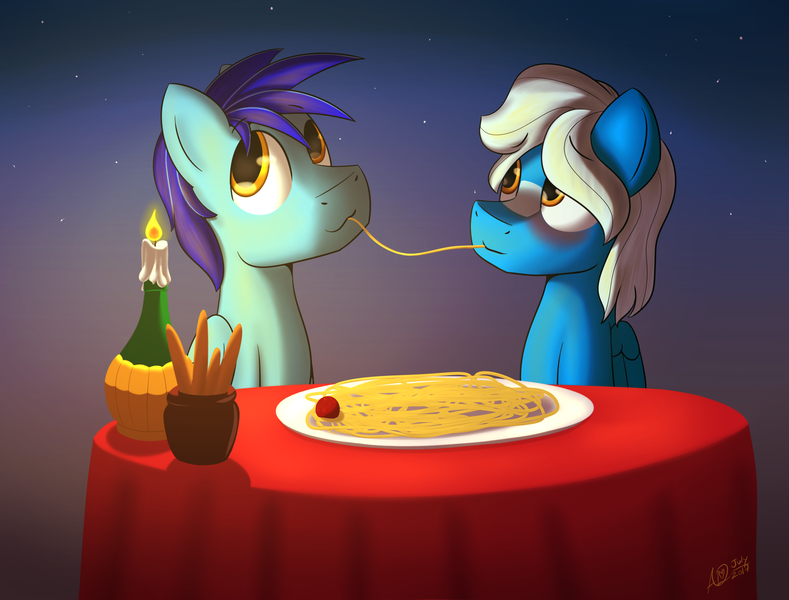 Size: 2500x1900 | Tagged: safe, artist:yuradhear, derpibooru import, oc, oc:arctic breeze, oc:stratosphere, unofficial characters only, pony, blushing, food, gay, male, pasta, spaghetti