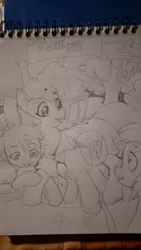 Size: 2368x4208 | Tagged: safe, artist:jeremy3, derpibooru import, apple bloom, oc, pony, clothes, dress, monochrome, notebook, older, pencil, pencil drawing, saddle bag, teacher, traditional art