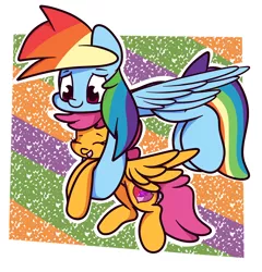 Size: 2310x2408 | Tagged: safe, artist:hedgehog-plant, derpibooru import, rainbow dash, scootaloo, pegasus, pony, abstract background, carrying, cute, cutealoo, dashabetes, duo, female, filly, flying, holding a pony, mare, scootalove, smiling