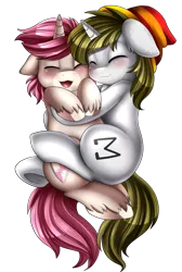 Size: 1711x2550 | Tagged: safe, artist:pridark, derpibooru import, oc, oc:intrepid charm, oc:sigmatau, unofficial characters only, pony, unicorn, commission, cute, eyes closed, floppy ears, ocbetes, simple background, smiling, snuggling, transparent background