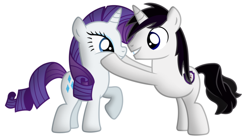 Size: 2426x1386 | Tagged: safe, artist:meandmyideas, derpibooru import, rarity, oc, oc:barrfind, pony, unicorn, canon x oc, female, male, rarifind, shipping, simple background, smiling, squishy cheeks, straight, transparent background, vector