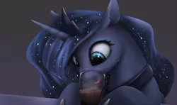 Size: 1308x776 | Tagged: dead source, safe, artist:noctilucent-arts, derpibooru import, princess luna, alicorn, pony, beverage, chocolate, chocolate milk, coffee, cute, ethereal mane, female, fluffy, glass, horse problems, lunabetes, makeup, mare, milk, mlem, noctilucent is trying to murder us, silly, silly pony, solo, starry mane, tongue out