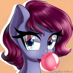 Size: 2000x2000 | Tagged: safe, artist:chaosangeldesu, derpibooru import, oc, oc:blazing heart, unofficial characters only, pony, bubblegum, bust, eyelashes, female, food, gum, mare, portrait, simple background, solo