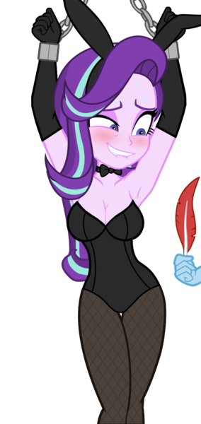 Size: 650x1375 | Tagged: suggestive, alternate version, artist:maguruk, derpibooru import, starlight glimmer, trixie, equestria girls, armpits, blushing, bondage, bowtie, breasts, bunny ears, bunny suit, busty starlight glimmer, cleavage, clothes, evening gloves, feather, female, gloves, imminent tickles, leotard, lesbian, lip bite, long gloves, pantyhose, shackles, simple background, tickling, transparent background, vector