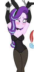 Size: 650x1375 | Tagged: suggestive, alternate version, artist:maguruk, derpibooru import, starlight glimmer, trixie, equestria girls, armpits, blushing, bondage, bowtie, breasts, bunny ears, bunny suit, busty starlight glimmer, cleavage, clothes, evening gloves, feather, female, gloves, imminent tickles, leotard, lesbian, lip bite, long gloves, pantyhose, shackles, simple background, tickling, transparent background, vector