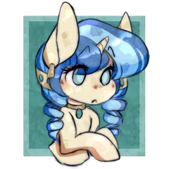 Size: 1000x1000 | Tagged: artist:mimisaurusrex, blind, bust, chibi, crystal pony, derpibooru import, female, mare, oc, oc:moonstone powder, safe, solo, unofficial characters only
