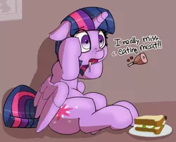Size: 4840x3920 | Tagged: safe, artist:pabbley, derpibooru import, twilight sparkle, twilight sparkle (alicorn), alicorn, pony, dialogue, drool, female, flower, food, heart, implied equestria girls, mare, meat, omnivore twilight, plate, ponies eating meat, ponies wanting to eat meat, sandwich, she knows, sitting