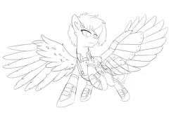 Size: 3000x2000 | Tagged: safe, artist:periodicbrony, derpibooru import, rainbow dash, pegasus, pony, alternate timeline, amputee, apocalypse dash, augmented, black and white, clothes, crystal war timeline, ear fluff, female, grayscale, lineart, mare, monochrome, prosthetic limb, prosthetic wing, prosthetics, rainbow dash always dresses in style, simple background, solo, white background