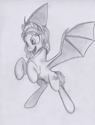 Size: 1605x2096 | Tagged: safe, artist:scribblepwn3, derpibooru import, oc, oc:sunset glow, unofficial characters only, bat pony, flying, monochrome, pencil drawing, solo, traditional art