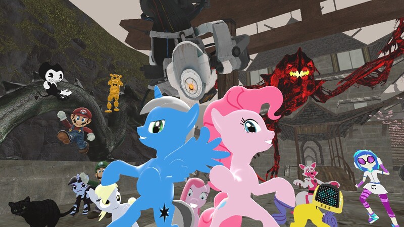 Size: 1366x768 | Tagged: safe, artist:raventheghost, derpibooru import, derpy hooves, pinkie pie, rarity, vinyl scratch, oc, oc:raven blake, alicorn, elements of insanity, equestria girls, 3d, bendy, bendy and the ink machine, brutalight sparcake, crossover, drowned brutalight, five nights at freddy's, glados, gmod, luigi, mario, nintendo, pinkamena diane pie, portal, portal (valve), super mario bros., super smash bros.