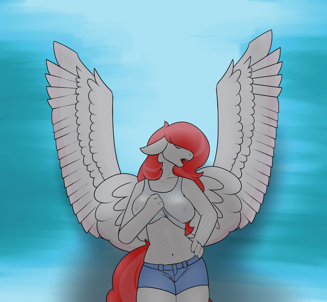 Size: 2652x2453 | Tagged: anthro, artist:groundbyte, breasts, derpibooru import, female, oc, oc:rosewing, pegasus, questionable, solo, solo female, unofficial characters only, wet clothes, wet shirt, wings