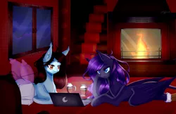 Size: 2424x1572 | Tagged: safe, artist:clefficia, derpibooru import, oc, oc:ender heart, oc:lucy, unofficial characters only, pegasus, pony, computer, ear piercing, female, fireplace, indoors, laptop computer, looking down, mare, night, piercing, pillow, prone, signature, window