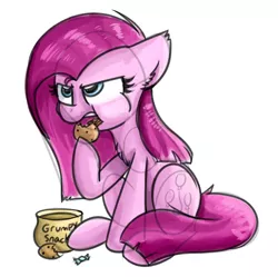 Size: 1024x1021 | Tagged: safe, artist:littleblackraencloud, derpibooru import, pinkie pie, pony, candy, chest fluff, colored sketch, cookie, ear fluff, eating, female, food, mare, open mouth, pinkamena diane pie, simple background, sitting, sketch, solo, white background