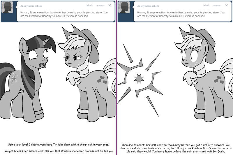 Size: 1204x800 | Tagged: safe, artist:dekomaru, derpibooru import, applejack, twilight sparkle, pony, tumblr:ask twixie, applestuck, ask, faic, grayscale, implied appledash, implied lesbian, implied shipping, monochrome, scrunchy face, teleportation, tumblr