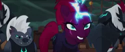 Size: 1917x797 | Tagged: safe, derpibooru import, screencap, grubber, tempest shadow, pony, unicorn, my little pony: the movie, armor, broken horn, eye scar, female, horn, male, mare, narrowed eyes, scar, smiling, smirk, sparking horn, storm guard, tempest shadow's bodyguard