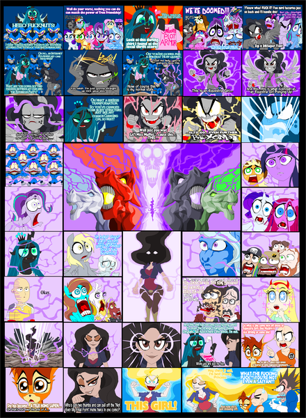 Size: 3071x4188 | Tagged: safe, artist:terry, derpibooru import, derpy hooves, fluttershy, pinkie pie, queen chrysalis, rainbow dash, rarity, starlight glimmer, trixie, twilight sparkle, oc, oc:firebrand, oc:ilovekimpossiblealot, oc:lily orchard, oc:lily peet, oc:silver quill, oc:snowdrop, equestria girls, absurd resolution, arin hanson, bambi, bhaalspawn, can't see shit, cell jr., crossover, disney, dragon ball z, dragonball z abridged, egoraptor, four horsemen of the apocalypse, fuck starlight!, hercule, jimmy firecracker, krillin, lily orchard, lily peet, one punch man, pinkamena diane pie, plot armor, rapunzel, saitama, star butterfly, star vs the forces of evil, starlight gets what's coming to her, super saiyan, this isn't even my final form, two best friends play, underp, vegeta, vulgar, wing hands