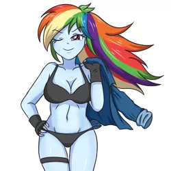 Size: 3543x3543 | Tagged: suggestive, artist:sumin6301, derpibooru import, rainbow dash, equestria girls, adorasexy, black underwear, bra, breasts, busty rainbow dash, cleavage, clothes, cute, female, fingerless gloves, gloves, jacket, one eye closed, panties, sexy, simple background, solo, solo female, stupid sexy rainbow dash, underwear, white background, wink