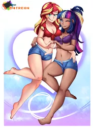 Size: 1024x1396 | Tagged: dead source, suggestive, artist:rainbowscreen, derpibooru import, sunset shimmer, twilight sparkle, human, barefoot, belly button, breasts, cleavage, clothes, dark skin, feet, female, heart hands, humanized, lesbian, looking at you, midriff, moderate dark skin, one eye closed, open fly, patreon, patreon logo, shipping, shorts, sunsetsparkle, wink