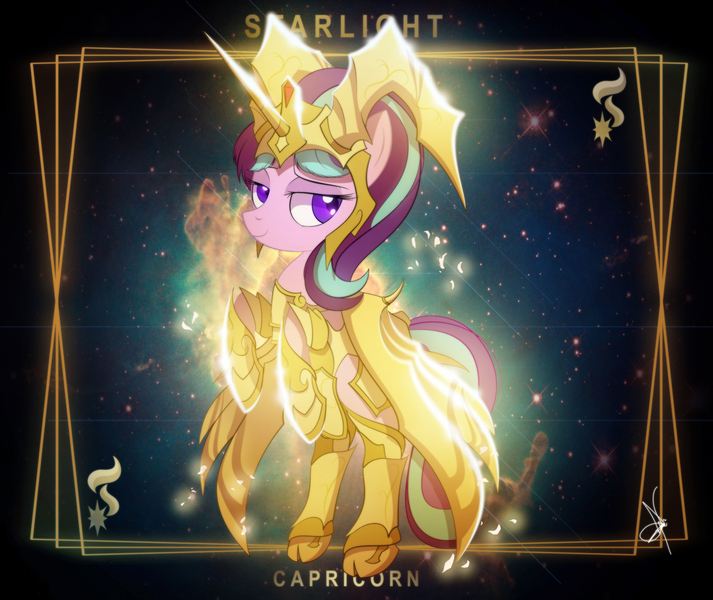 Size: 3840x3232 | Tagged: safe, artist:zidanemina, derpibooru import, starlight glimmer, pony, unicorn, armor, cape, capricorn, clothes, crossover, female, god cloth, mare, rearing, saint seiya, solo, zodiac