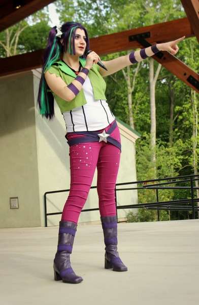 Size: 2020x3092 | Tagged: safe, artist:pinkiespartycannon12, artist:sarahndipity cosplay, derpibooru import, aria blaze, human, equestria girls, rainbow rocks, clothes, cosplay, costume, female, irl, irl human, pants, photo, pointing, solo