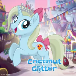 Size: 1080x1080 | Tagged: safe, derpibooru import, oc, oc:coconut glitter, unofficial characters only, unicorn, my little pony: the movie, bow, crown, hair bow, jewelry, mlp movie pony maker, movie accurate, regalia, solo, tail bow, text, tiara