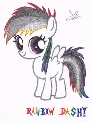 Size: 550x731 | Tagged: artist:thestipplebrony, derpibooru import, female, filly, filly rainbow dash, pointillism, rainbow dash, safe, solo, stipple, traditional art, younger