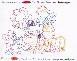 Size: 972x777 | Tagged: applejack, artist:thestipplebrony, derpibooru import, fluttershy, mane six, pinkie pie, pointillism, quote, rainbow dash, rarity, safe, stipple, traditional art, twilight sparkle