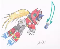 Size: 771x629 | Tagged: safe, artist:thestipplebrony, derpibooru import, unicorn, armor, boots, clothes, crossover, game, helmet, meagaman x, megaman, megaman zero, pointillism, shoes, solo, stipple, sword, traditional art, weapon, zero