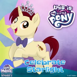 Size: 1080x1080 | Tagged: safe, derpibooru import, oc, oc:celebrate starlight, unofficial characters only, unicorn, my little pony: the movie, bowtie, cello, crown, cutie mark, heart, horn, jewelry, male, mlp movie pony maker, musical instrument, regalia, stallion, text, tiara