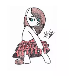 Size: 495x546 | Tagged: artist:thestipplebrony, bedroom eyes, clothes, derpibooru import, lip bite, oc, oc:coffee cream, pointillism, skirt, skirt pull, solo, stipple, suggestive, traditional art, unofficial characters only