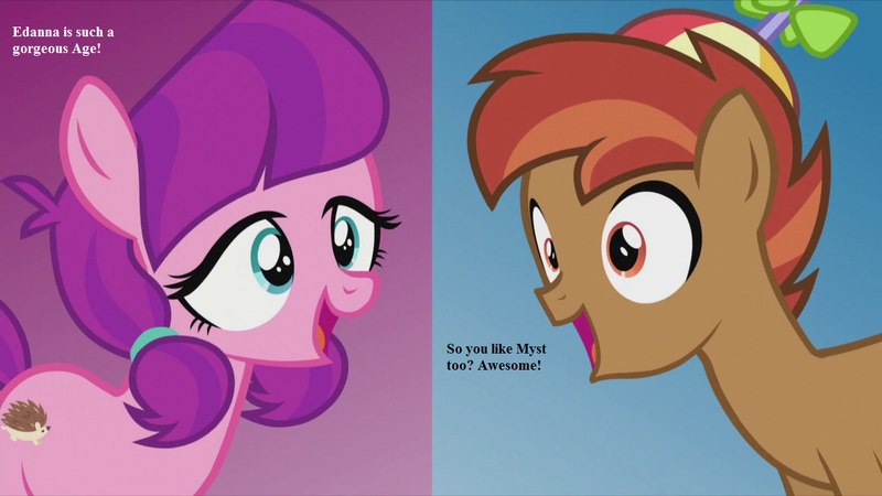 Size: 1280x720 | Tagged: safe, derpibooru import, edit, edited screencap, screencap, button mash, lily longsocks, earth pony, pony, crusaders of the lost mark, beanie, colt, hat, male, myst, obligatory pony, text