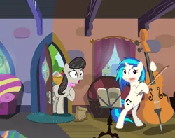 Size: 7600x6000 | Tagged: safe, artist:mundschenk85, artist:the smiling pony, artist:vectorshy, derpibooru import, octavia melody, vinyl scratch, pony, absurd resolution, apple, bag, blushing, bow (instrument), cello, cello bow, couch, female, food, jam, lesbian, musical instrument, scratchtavia, shipping, vinyl and octavia's home, zap apple, zap apple jam