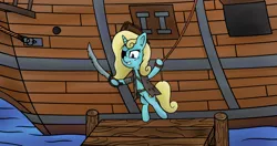 Size: 4096x2160 | Tagged: safe, artist:wellfugzee, derpibooru import, oc, oc:seafoam breeze, unofficial characters only, unicorn, beauty mark, eyepatch, female, mare, pirate, rope, ship, solo, swinging, sword, weapon