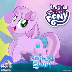 Size: 1080x1080 | Tagged: safe, derpibooru import, oc, oc:candy swirl, unofficial characters only, unicorn, my little pony: the movie, bow, mlp movie pony maker, my little pony logo, rearing, tail bow, title drop