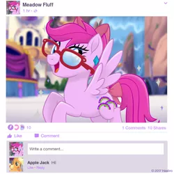 Size: 1080x1080 | Tagged: safe, derpibooru import, oc, oc:meadow fluff, unofficial characters only, my little pony: the movie, bow, facebook, glasses, mlp movie pony maker, rearing, tail bow