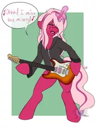 Size: 3000x4000 | Tagged: safe, artist:manestreamstudios, derpibooru import, oc, oc:pynk hyde, unofficial characters only, semi-anthro, unicorn, clothes, crying, curved horn, dialogue, glowing horn, guitar, jacket, leather jacket, rocker, singing, tribute to halestorm
