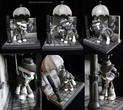 Size: 4000x3602 | Tagged: safe, artist:aplexpony, derpibooru import, rarity, pony, unicorn, rarity investigates, blue eyes, craft, figurine, irl, lamppost, magnifying glass, noir, photo, sculpture, solo, traditional art, umbrella