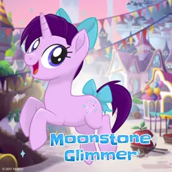 Size: 1080x1080 | Tagged: safe, derpibooru import, oc, oc:moonstone glimmer, unofficial characters only, unicorn, my little pony: the movie, apple, balloon, bow, canterlot, canterlot castle, cart, food, garland, hair bow, happy, implied starlight glimmer, jewelry, looking at you, mlp movie pony maker, movie accurate, pennant, rearing, regalia, smiling, solo, stairs, tail bow, tent, text, tower