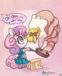 Size: 1067x1300 | Tagged: 30 minute art challenge, anthro, artist:atryl, book, breakfast is ruined, clothes, cooking, derpibooru import, dialogue, dress, food monster, lethal chef, living object, monster, safe, sweetie belle, sweetie belle can't cook, sweetie fail