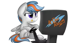 Size: 1024x576 | Tagged: safe, artist:littleblackraencloud, derpibooru import, oc, oc:gulfstream, unofficial characters only, pegasus, pony, :p, cute, female, mare, screen, simple background, sitting, solo, steering wheel, tongue out, transparent background, video game