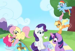 Size: 1024x704 | Tagged: safe, artist:littleblackraencloud, derpibooru import, applejack, fluttershy, pinkie pie, rainbow dash, rarity, twilight sparkle, twilight sparkle (alicorn), alicorn, duck, earth pony, pegasus, pony, unicorn, blanket, book, bucking, cloud, grin, levitation, magic, mane six, on back, open mouth, outdoors, picnic blanket, pillow, prone, sitting, sky, smiling, spread wings, surprised, swimming, telekinesis, tree, tree branch, wings