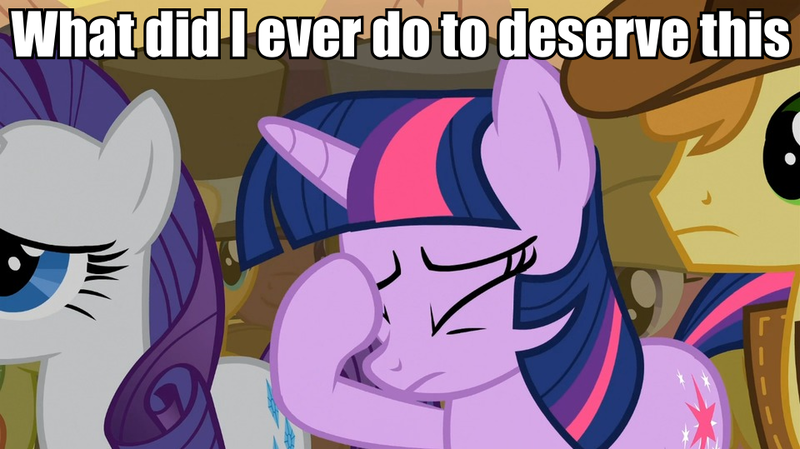 Size: 960x539 | Tagged: braeburn, derpibooru import, facehoof, image macro, meme, over a barrel, rarity, safe, screencap, text, twilight sparkle