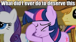 Size: 960x539 | Tagged: braeburn, derpibooru import, facehoof, image macro, meme, over a barrel, rarity, safe, screencap, text, twilight sparkle