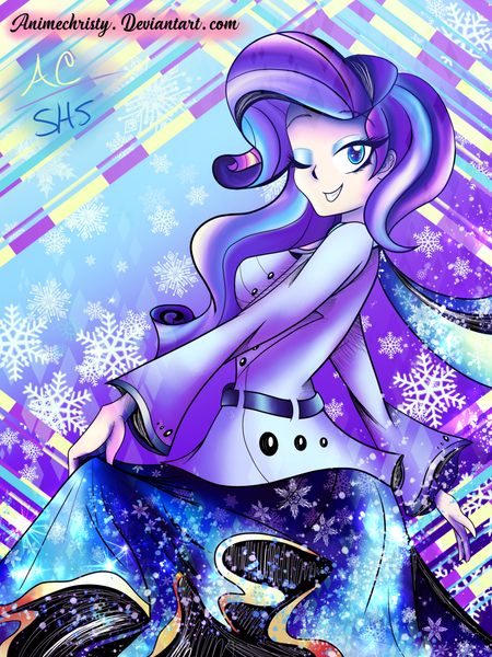 Size: 1024x1365 | Tagged: artist:animechristy, beautiful, clothes, coat, derpibooru import, eyeshadow, female, human, humanized, looking at you, makeup, one eye closed, rarity, safe, smiling, snow, snowflake, solo, wink