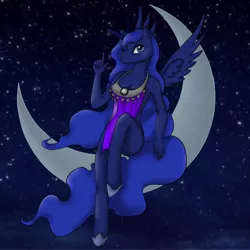 Size: 1000x1000 | Tagged: alicorn, anatomically incorrect, anthro, artist:kittyjacket, breasts, derpibooru import, female, incorrect leg anatomy, moon, night, one eye closed, princess luna, skimpy outfit, smiling, solo, solo female, stars, suggestive, tangible heavenly object, unguligrade anthro, wink