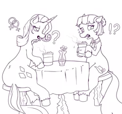 Size: 1885x1756 | Tagged: suggestive, artist:lawrence alpaca, derpibooru import, coco pommel, rarity, earth pony, pony, unicorn, coffee, exclamation point, female, females only, interrobang, lesbian, marshmallow coco, monochrome, open mouth, question mark, shipping, sitting, unshorn fetlocks