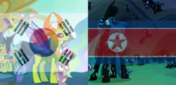 Size: 1160x560 | Tagged: changedling, changeling, changeling queen, derpibooru import, edit, edited screencap, female, flag, king thorax, north korea, north korean flag, politics, princess celestia, queen chrysalis, safe, screencap, south korea, south korean flag, spike, starlight glimmer, thorax, to where and back again