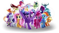 Size: 1424x803 | Tagged: safe, derpibooru import, official, applejack, capper dapperpaws, captain celaeno, fluttershy, grubber, pinkie pie, princess skystar, queen novo, rainbow dash, rarity, songbird serenade, spike, storm king, tempest shadow, twilight sparkle, twilight sparkle (alicorn), abyssinian, alicorn, anthro, bird, dragon, pony, seapony (g4), unicorn, my little pony: the movie, anthro with ponies, broken horn, female, glowing horn, headworn microphone, horn, mare, simple background, transparent background