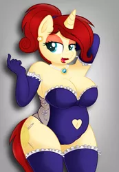 Size: 2080x3000 | Tagged: suggestive, artist:an-tonio, artist:rainbownspeedash, derpibooru import, edit, vector edit, oc, oc:golden brooch, unofficial characters only, anthro, unicorn, arm behind head, armpits, beckoning, bedroom eyes, big breasts, breasts, chubby, clothes, collar, female, jewelry, lingerie, lipstick, looking at you, milf, ponytail, stockings, stupid sexy oc, thigh highs, vector
