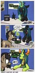 Size: 2000x4151 | Tagged: safe, artist:moemneop, derpibooru import, queen chrysalis, oc, oc:neop, changedling, changeling, unicorn, bits, changedlingified, comic, convention, glowing horn, high res, levitation, magic, male, purified chrysalis, stallion, telekinesis, transformation